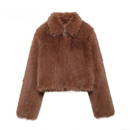Women's Fashion Faux Fur Jacket Winter Lapel Long Sleeve Zipper Plush Coat Solid Color Warm Short Outerwear Streetwear Lady Jacket