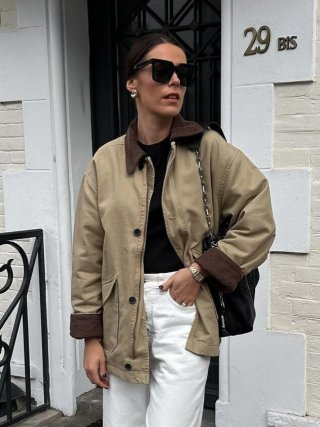 Women's Fashion Corduroy Patchwork Lapel Padded Jacket Workwear Style Multi-Pocket Button Down Loose Warm Coat Outerwear for Autumn Winter