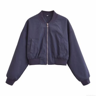 Women's Winter Fashion Solid Color Bomber Jacket Casual Short Baseball Coat With Metal Zipper Ribbed Trim Long Sleeve Polyester Outerwear