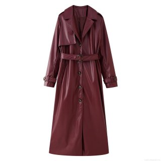 Women Fashion Winter Long PU Leather Trench Coat With Belt Wine Red Lapel Double Breasted Slim Fit Streetwear Windbreaker Jacket