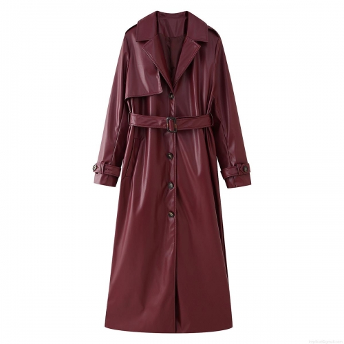 Women Fashion Winter Long PU Leather Trench Coat With Belt Wine Red Lapel Double Breasted Slim Fit Streetwear Windbreaker Jacket