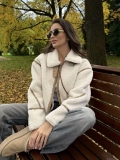 Women's Sherpa Fleece Jacket Warm Winter Zip Up Lapel Coat with Faux Leather Trim Casual Streetwear Long Sleeve Lamb Wool Outerwear for Ladies