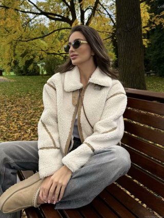 Women's Sherpa Fleece Jacket Warm Winter Zip Up Lapel Coat with Faux Leather Trim Casual Streetwear Long Sleeve Lamb Wool Outerwear for Ladies