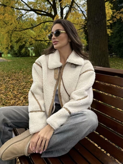 Women's Sherpa Fleece Jacket Warm Winter Zip Up Lapel Coat with Faux Leather Trim Casual Streetwear Long Sleeve Lamb Wool Outerwear for Ladies