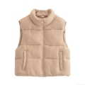 Women's Winter Knitted Puffer Vest Stand Collar Sleeveless Zip Up Padded Jacket Solid Color Warm Casual Quilted Waistcoat Outwear Beige