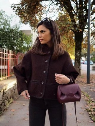 Women's Dark Brown Woolen Look Jacket Single Breasted Round Neck Contrast Piping Long Sleeve Coat For Autumn Winter Streetwear Casual Outerwear