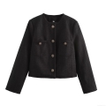 Women's Elegant Black Tweed Jacket Vintage Round Neck Long Sleeve Short Outerwear With Gold Buttons For Daily Office Wear Lady Casual Coat