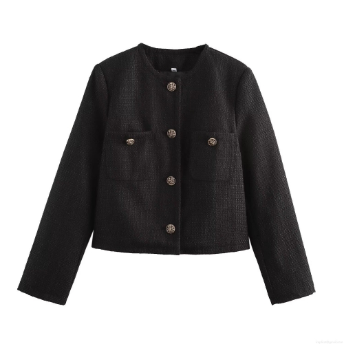 Women's Elegant Black Tweed Jacket Vintage Round Neck Long Sleeve Short Outerwear With Gold Buttons For Daily Office Wear Lady Casual Coat
