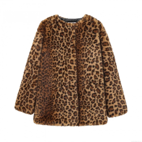 Women's Leopard Print Faux Fur Coat Winter Round Neck Long Sleeve Mid Length Warm Streetwear Outerwear Fashion Thick Polyester Jacket