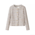Women Tweed Blazer Round Neck Gold Buttoned Long Sleeve Textured Jacket Fashion Elegant Western Style Coat Ladies Office Daily Casual Outerwear