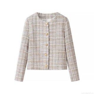 Women Tweed Blazer Round Neck Gold Buttoned Long Sleeve Textured Jacket Fashion Elegant Western Style Coat Ladies Office Daily Casual Outerwear