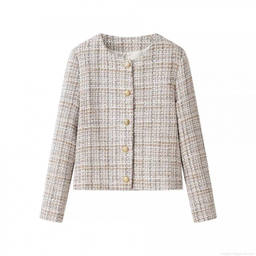 Women Tweed Blazer Round Neck Gold Buttoned Long Sleeve Textured Jacket Fashion Elegant Western Style Coat Ladies Office Daily Casual Outerwear