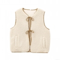 Women's Sherpa Fleece Vest Fashion Contrast Piping Tie Front Waistcoat Sleeveless Warm Sherpa Jacket For Winter Daily Wear