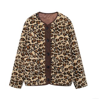 Fashion Leopard Print Plush Jacket Women Loose Long Sleeve Round Neck Button Up Faux Fur Outerwear Casual Winter Streetwear Coat