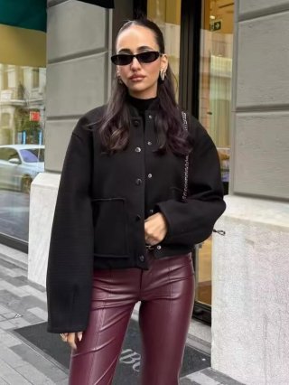 Women Short Bomber Jacket Button Up Woolen Texture Stand Collar Loose Fit Coat Streetwear Autumn Spring Solid Color Outwear Casual Lady Fashion