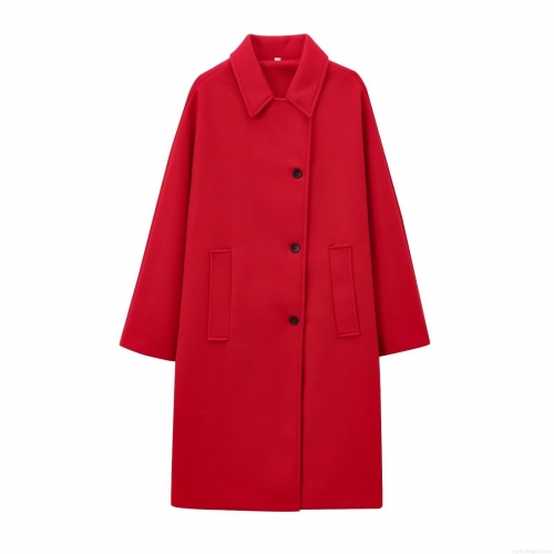 Women's Winter Woolen Blend Long Overcoat Featuring Doll Collar And Loose Long Sleeve Red Jacket For Streetwear Fashion Thick Warm Outwear Solid Color Coat With Buttons