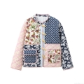 Women's Vintage Patchwork Floral Print Quilted Jacket Stand Collar Padded Cotton Coat With Wooden Toggle Buttons Casual Long Sleeve Winter Outerwear