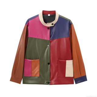Women's Fashion Stand Collar Color Blocking Patchwork PU Leather Jacket Casual Streetwear Long Sleeve Winter Autumn Outerwear Coat With Metal Buttons