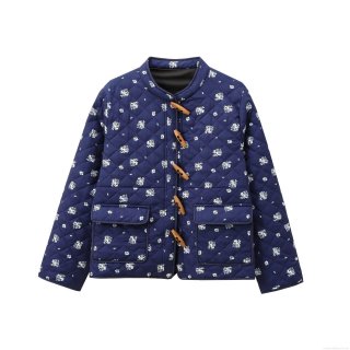 Women's Vintage Floral Quilted Jacket Navy Blue Stand Collar Padded Coat With Wood Toggle Buttons Warm Winter Streetwear Outwear