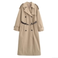 Women Classic Double Breasted Long Trench Coat With Belt Elegant Lapel Long Sleeve Solid Color Polyester Windbreaker Jacket Autumn Winter Ladies Fashion Outerwear