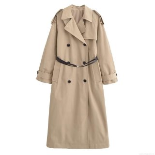 Women Classic Double Breasted Long Trench Coat With Belt Elegant Lapel Long Sleeve Solid Color Polyester Windbreaker Jacket Autumn Winter Ladies Fashion Outerwear