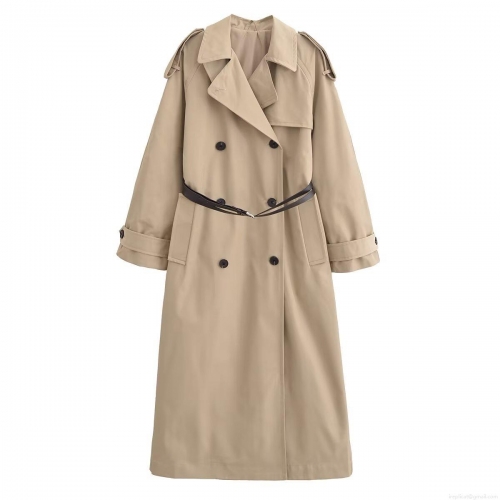 Women Classic Double Breasted Long Trench Coat With Belt Elegant Lapel Long Sleeve Solid Color Polyester Windbreaker Jacket Autumn Winter Ladies Fashion Outerwear