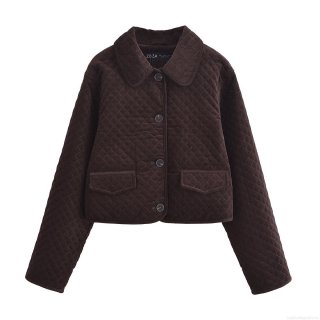 Women's Corduroy Quilted Padded Jacket Single Breasted Lapel Long Sleeve Rhombus Pattern Winter Warm Outerwear Coat With Pockets Casual Streetwear Lady