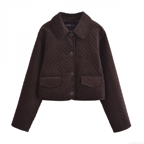 Women's Corduroy Quilted Padded Jacket Single Breasted Lapel Long Sleeve Rhombus Pattern Winter Warm Outerwear Coat With Pockets Casual Streetwear Lady