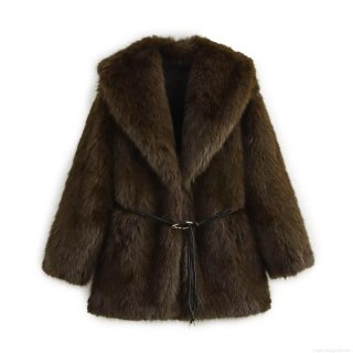 Women European Fashion Faux Fur Coat With Black Thin Belt Long Sleeve Large Lapel Thick Warm Mid-Length Winter Outerwear Street Style Jacket Solid Dark Brown Luxury Fuzzy Overcoat