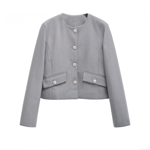 Women's Solid Round Neck Single Breasted Long Sleeve Short Blazer Jacket Chic Streetwear Cardigan Outerwear Winter Fashion Elegant Women Tops