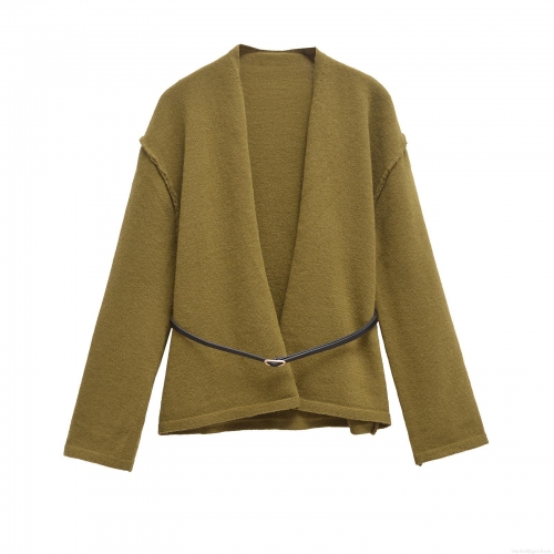 Women's V-Neck Knit Cardigan Coat With Belt Long Sleeve Solid Olive Green Fashion Streetwear Outerwear For Ladies Winter