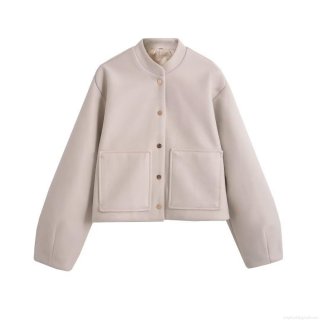 Women's 100% Polyester Woolen-like Jacket Round Neck Button Down Long Sleeve Outerwear With Large Pockets Minimalist Streetwear Short Coat For Women