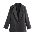 Women's Herringbone Blazer Jacket Deep Grey Polyester Wool-Like Long Sleeve Outerwear Single Breasted Notch Lapel Mid-Length Casual Office Suit For Ladies