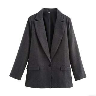 Women's Herringbone Blazer Jacket Deep Grey Polyester Wool-Like Long Sleeve Outerwear Single Breasted Notch Lapel Mid-Length Casual Office Suit For Ladies
