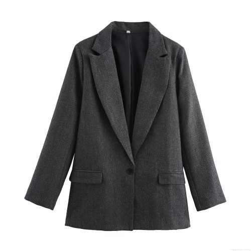 Women's Herringbone Blazer Jacket Deep Grey Polyester Wool-Like Long Sleeve Outerwear Single Breasted Notch Lapel Mid-Length Casual Office Suit For Ladies