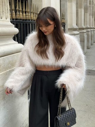 Women's Luxury Faux Fox Fur Crop Jacket Round Neck Long Sleeve Solid White Faux Fur Outerwear With Satin Lining Streetwear Short Coat For Women Party Fashion