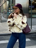 Women's Faux Fur Cow Print Jacket Short Zip Up Turn-down Collar Animal Pattern Plush Coat Winter Warm Streetwear Outwear Casual Shaggy Fleece Jacket