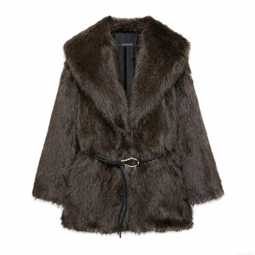 Women's Faux Fur Coat Luxury Deep Brown Mid-Length Outerwear Jacket With Waist Belt Lapel Collar Streetwear Autumn Winter Warm Overcoat