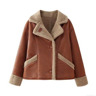 Women's Fashion Lapel Long Sleeve Lambswool Suede Jacket Coat Vintage Streetwear Warm Single Breasted Outerwear For Women