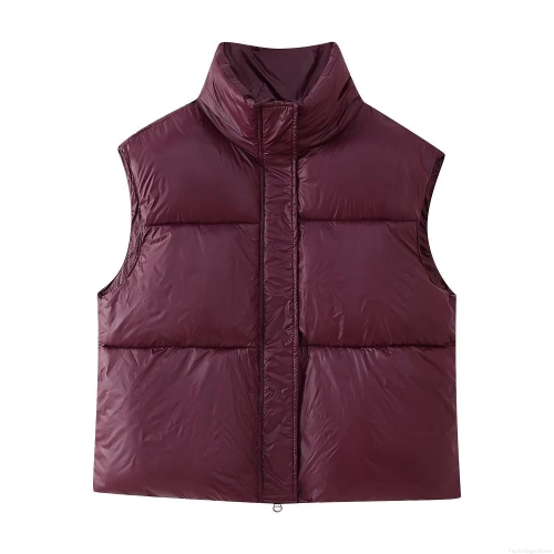Women's Shiny Puffer Vest Stand Collar Quilted Sleeveless Gilet Zipper Closure Solid Color Winter Warm Vest Jacket Streetwear Outwear Women Tops