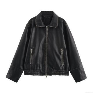 Women's Fashion Faux PU Leather Jacket Lapel Zipper Long Sleeve Moto Biker Coat Slim Fit Spring Outerwear For Women Black