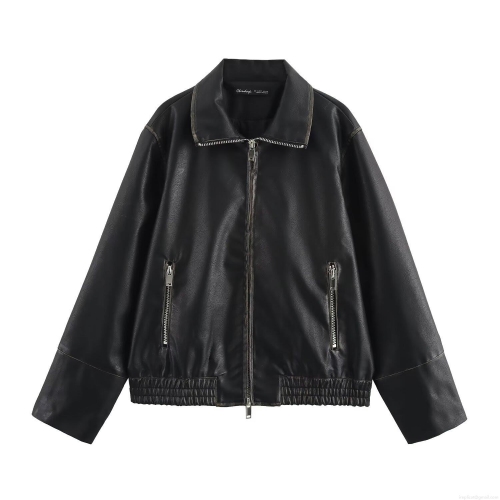 Women's Fashion Faux PU Leather Jacket Lapel Zipper Long Sleeve Moto Biker Coat Slim Fit Spring Outerwear For Women Black