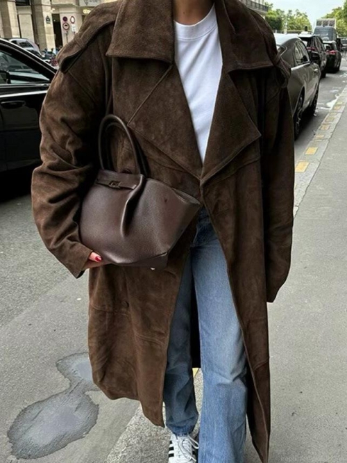 Women's Suede Long Trench Coat Double-Breasted Windproof Maxi Overcoat With Belt Classic Lapel Epaulettes Streetwear Fashion Casual Jacket For Spring Autumn