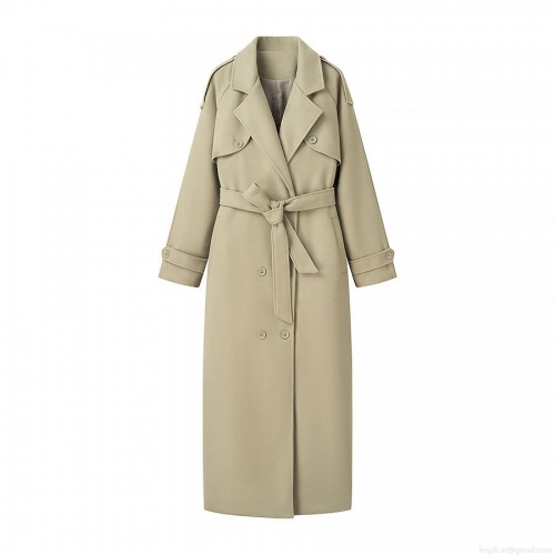 Women's Long Woolen Overcoat Polyester Blend Double Breasted Belted Lapel Coat Casual Elegant Streetwear Office Outerwear For Women