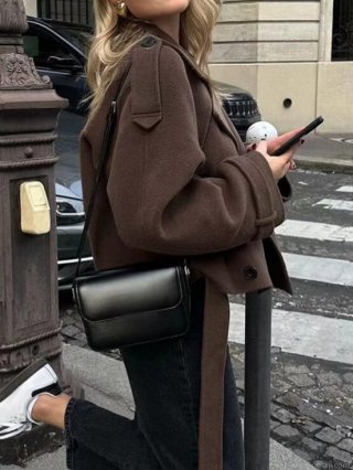 Women's Fashion Double Breasted Polyester Wool-Like Short Jacket Coat With Belt Solid Color Suit Collar Long Sleeve Streetwear Outerwear For Autumn Winter