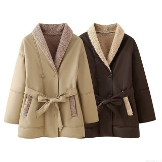 Women's Faux Leather Shearling Coat With Faux Fur Lining Lapel Double Breasted Belted Waist Tie Long Sleeve Jacket Winter Warm Streetwear