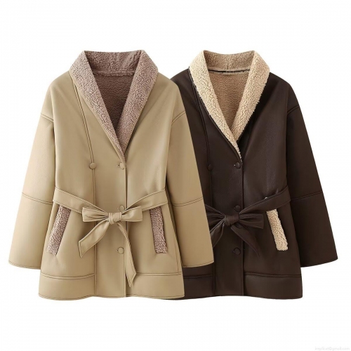 Women's Faux Leather Shearling Coat With Faux Fur Lining Lapel Double Breasted Belted Waist Tie Long Sleeve Jacket Winter Warm Streetwear