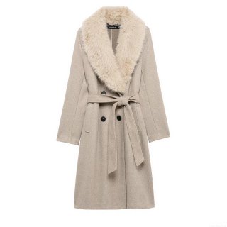 Women's Faux Fur Collar Long Trench Coat Double Breasted Lace-up Overcoat Solid Color Warm Polyester Jacket for Autumn Winter Streetwear Lady