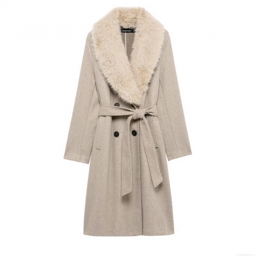 Women's Faux Fur Collar Long Trench Coat Double Breasted Lace-up Overcoat Solid Color Warm Polyester Jacket for Autumn Winter Streetwear Lady