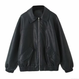 Women Fashion PU Faux Leather Jacket Lapel Long Sleeve Zip-Up Streetwear Outerwear Coat With Elastic Hem And Cuffs For Spring Autumn Casual